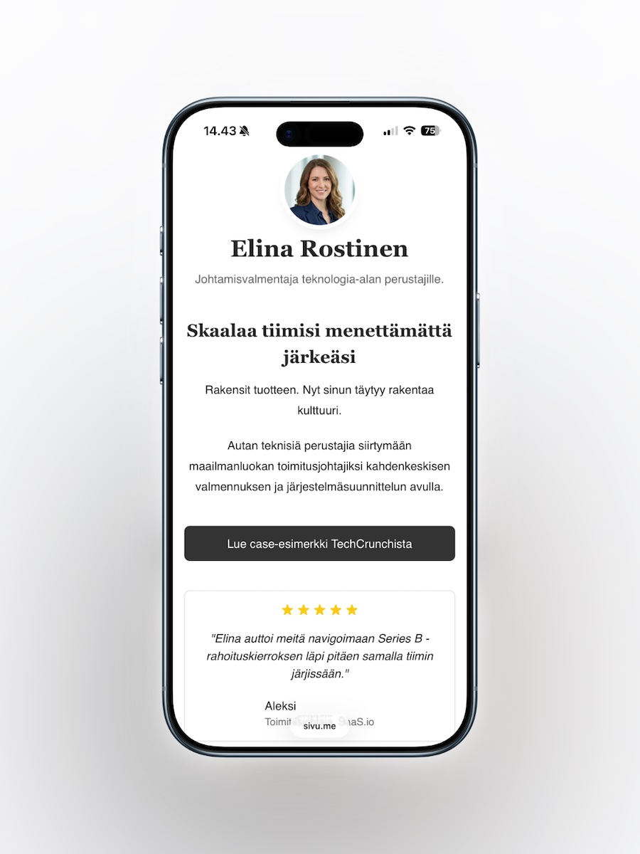Tyylikäs kotisivupohja asiantuntijan henkilöbrändin, CV:n ja palveluiden esittelyyn.