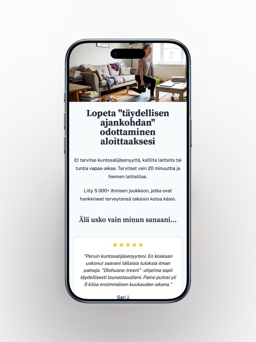 Esikatselu Sivu.me:n kotisivupohjasta treeniohjelmalle ja personal trainereille mobiilissa.