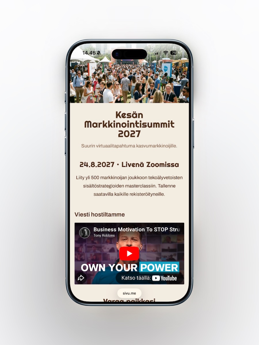 Tapahtumasivupohja seminaareille ja virtuaalitapahtumille, sisältää aikataulun, puhujaesittelyt ja ilmoittautumislomakkeen.